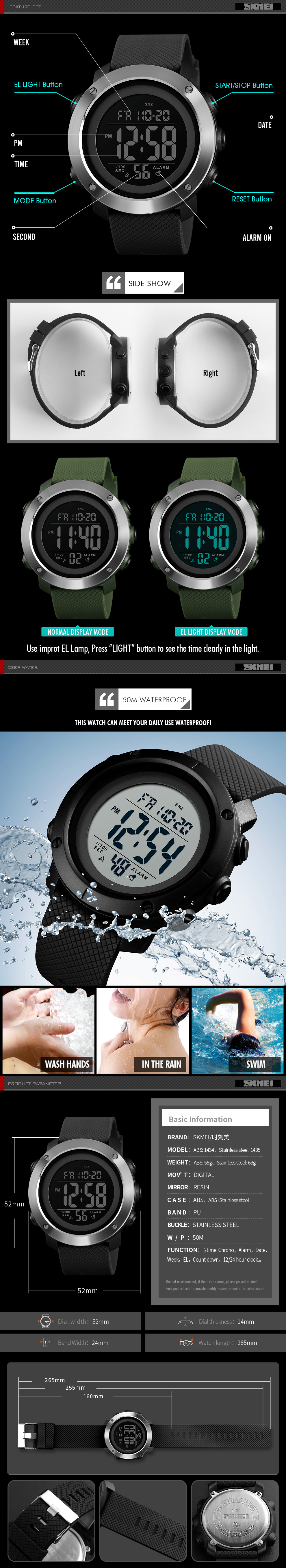 SKMEI 1434 Men Sports Outdoor Stopwatch Countdown Alarm Waterproof Wristwatch Relogio Masculino