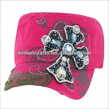Rhinestone & Bead Cross Patch Ponytail Cap