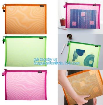 OEM mesh plastic A4 file bag with zipper, net netting document bag pouch, customized PEVA coated net polyester fabric for file b