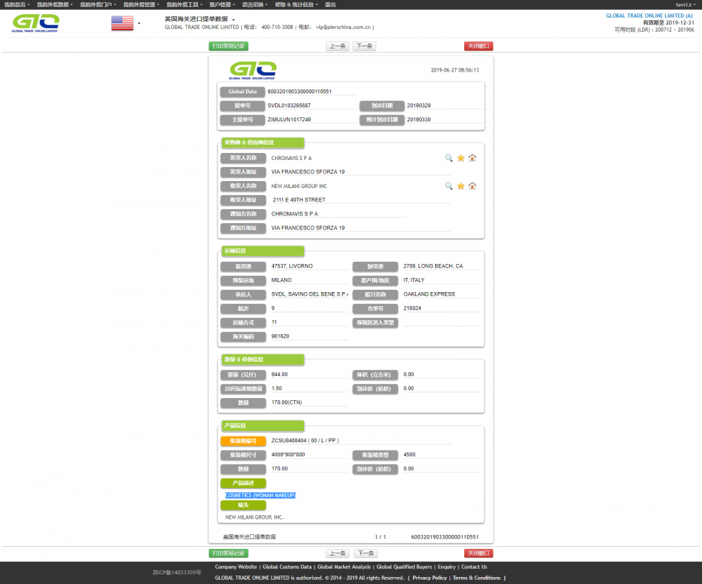 Mga produkto ng pampaganda USA Customs data.