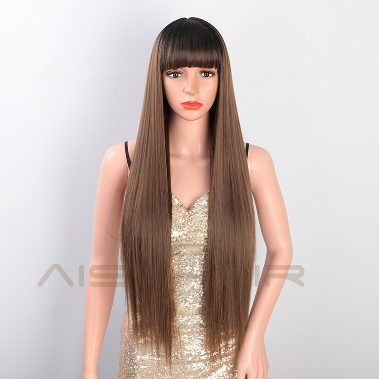 Aisi Hair Wholesale Cheap Vendor Long Silky Straight Wave Ombre Brown Wig With Bangs For Black Women Synthetic Hair Wigs