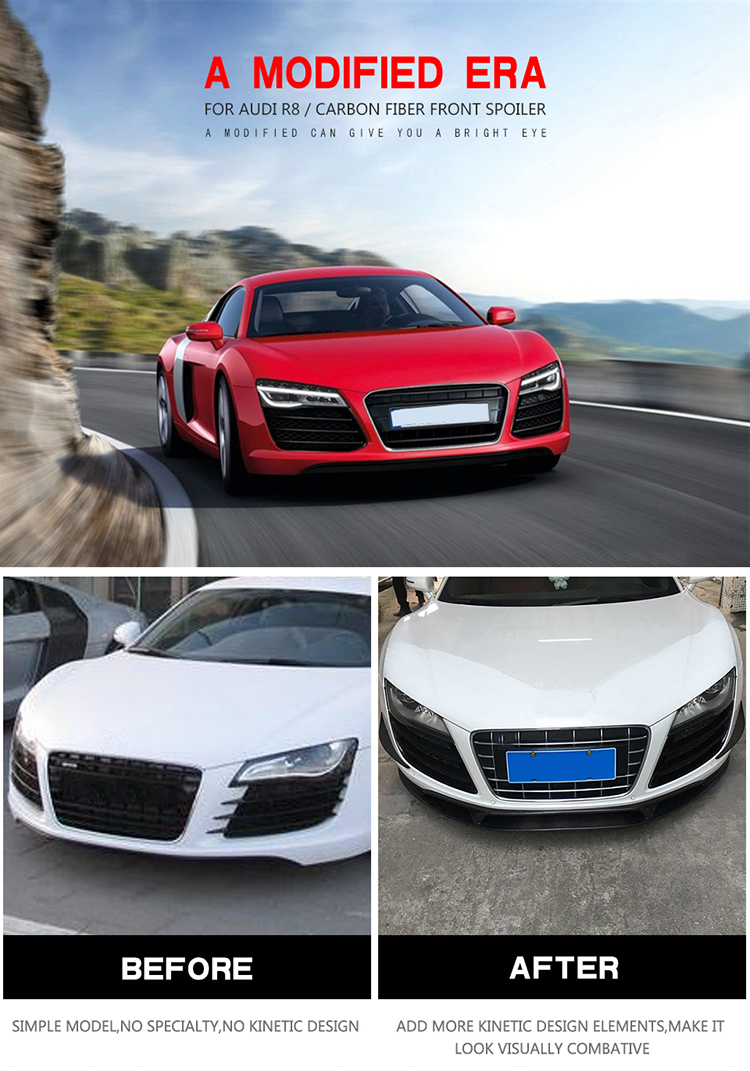 Carbon Fiber R8 Front Bumper Lip Skirt for Audi R8 V8 V10 GT Spyder Convertible 08-15