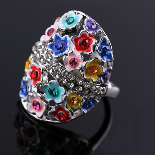 Cluster Rhinestone Tropical Hawaiian Flower Crystal Rhinestone Ring With Colorful Sterling Silver Ri