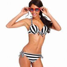 Black and White Triangle Bikini with Sweetheart Neckline, Knotted Tie at Center Front, Self-tie