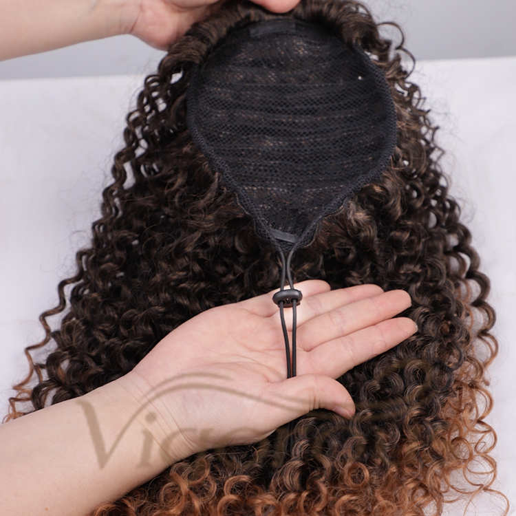 Vigorous Wholesale Top Selling Heat Resistant Fiber Brown Kinky Curly Machine Made Drawstring Synthetic Ponytail Hair Extension