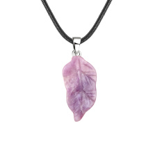 Lepidolite Handmade Craved Leaf Pendant Necklace with 45CM Black Cord