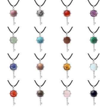 Gemstone Round Cabs Silver Alloy Key Pendant Necklace 45cm Black Cord