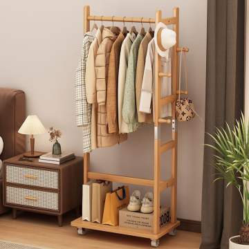 Minimalist Bamboo Rolling Coat Rack with Storage