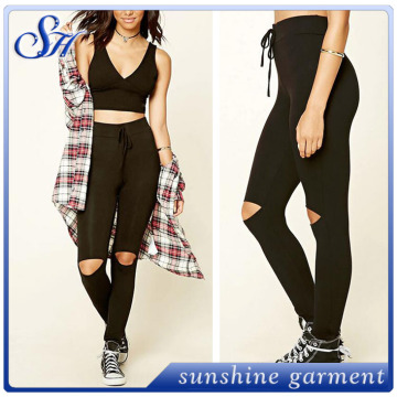 2017 high quality basic black broken hole leggings