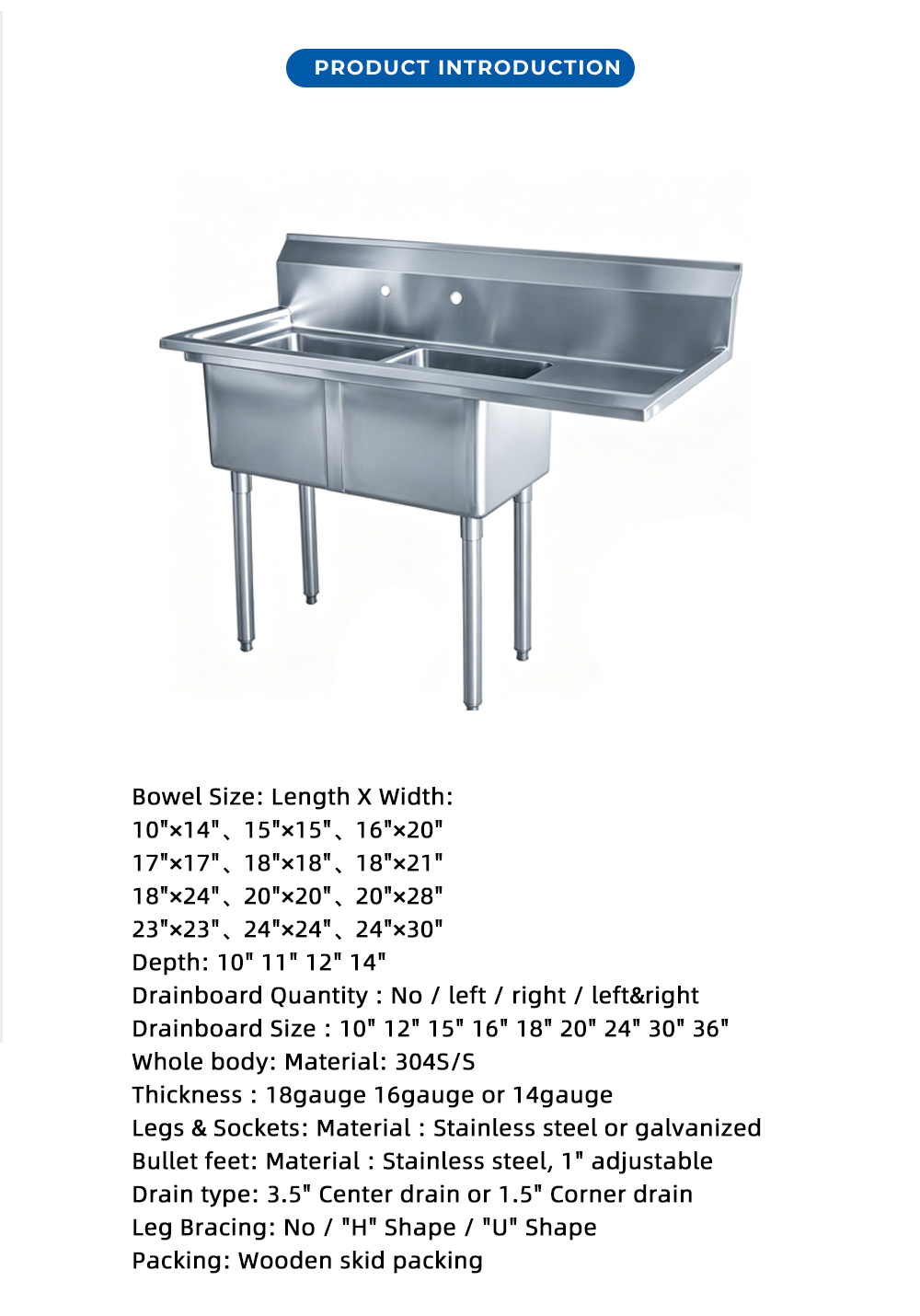 حوض تجفيف مزدوج من الفولاذ المقاوم للصدأ X Double Drainboard Stainless Commercial Compartment Sink X