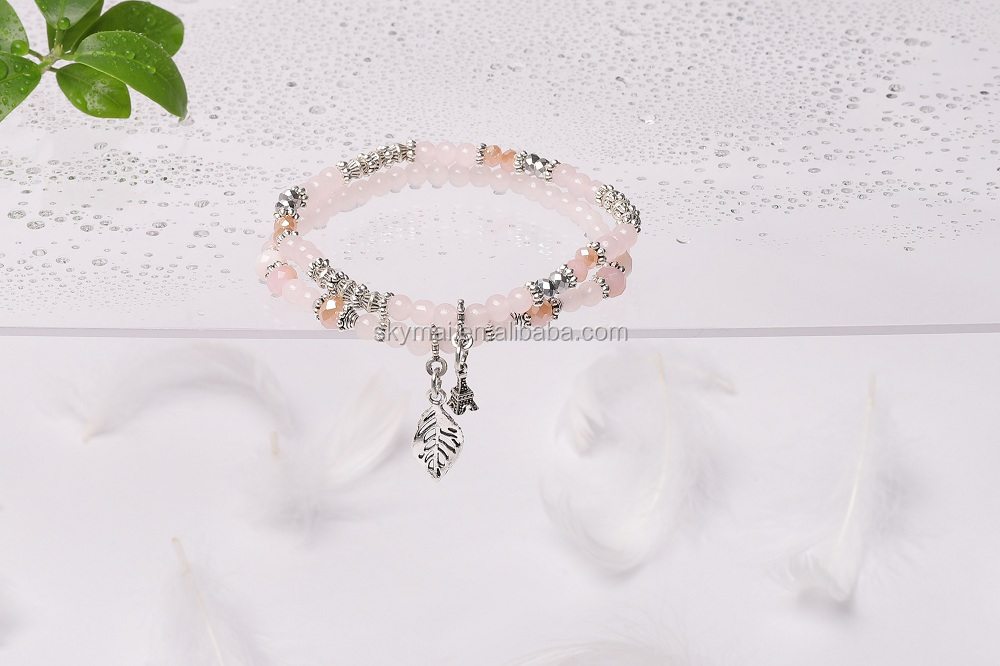 Bohemian Women Crystal pink Gem Colorful Stretch Multi layer Gem Stone Bead Bracelet