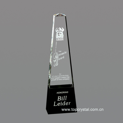 Crystal obelisk award with black base