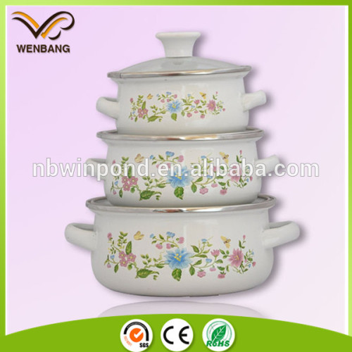 white enamel cookware, customized printing style with handls, enamel casserole hot pot with lid