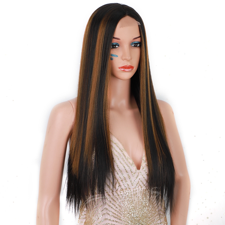 Long Straight Hair Extension Wigs 26 Inches Highlight Heat Resistant Full Cheap Women Synthetic Hair Wig With Lace Front