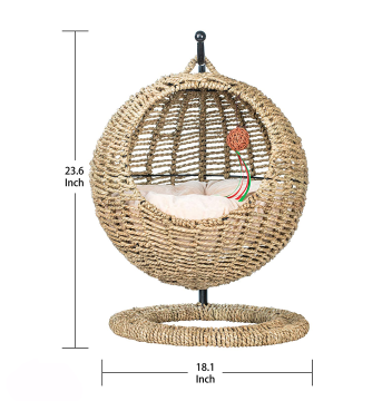 Handwoven Wicker Hanging Round Swing Cat Bed with Stand - Wholesale from Factory