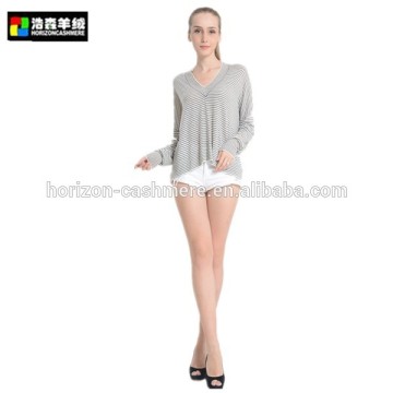 Striped Long Sleeve Pullover, Big V Neck Knitted Pattern Cashmere Pullover