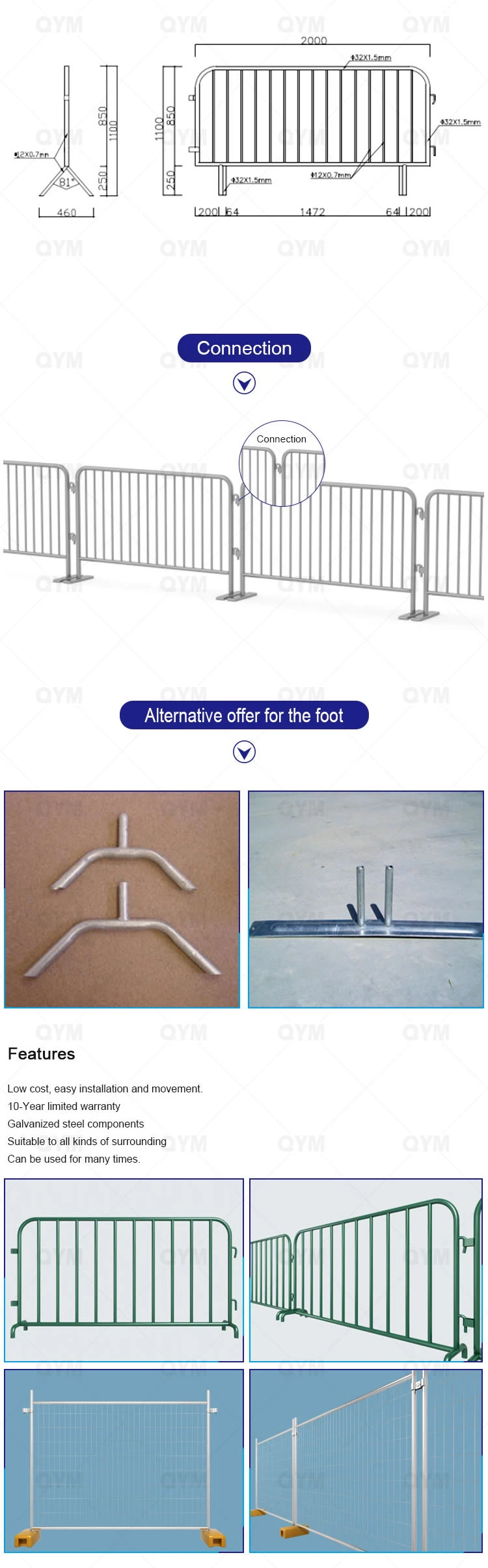 Costruzione recinzione temporanea Evento portatile Evento industriale Crowd Control Barrier