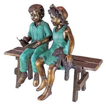 Outdoor garden decoration bronze children siting on bench sculpture statue