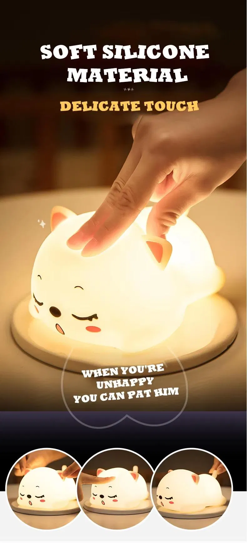 Adorable Sleep Cat Cartoon Silicone LED Night Lights for Kids′ Rooms Night