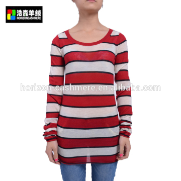 Super Fine Roll Neck Striped Cashmere Pullover, Women Tissue Red-White Striped Cashmere Pullover