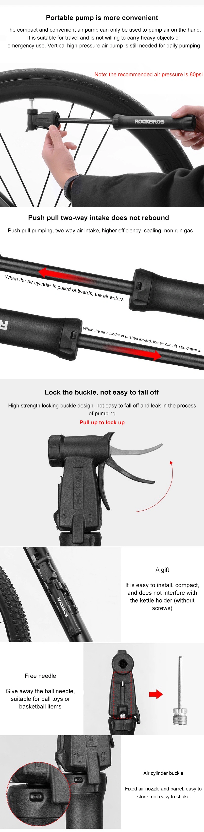 Direct Sales Rockbros Mountain Bike Accessories Two-Way Pump Bicycle Portable Mini Pump