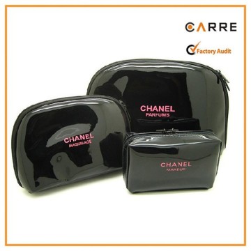 OEM branded black faux patent leather cosmetic bag set