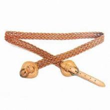 Brown Plaited PU Belt with Double Prong Antique Bronze Plating Buckle