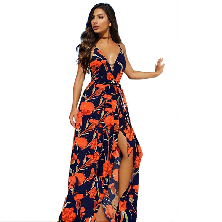 C3788 High Split Women's Dresses Floral Summer Women Long Casual