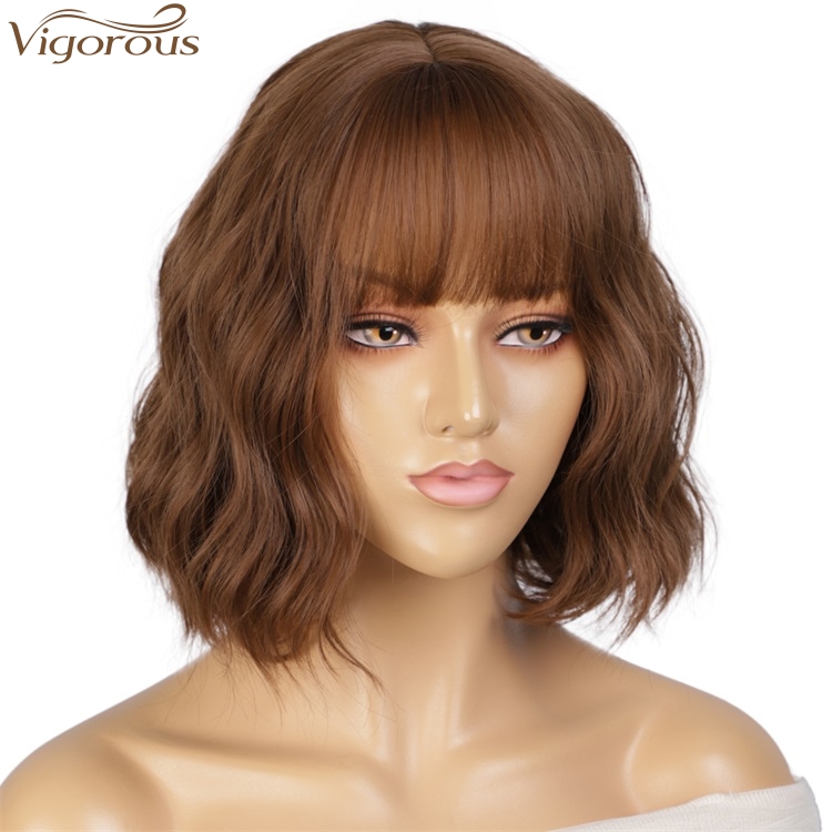 Vigorous Fashion Girl Natural Short Bob Brown Wig With Neat Bangs Synthetic Short Curl Wave Wigs Heat Resistant