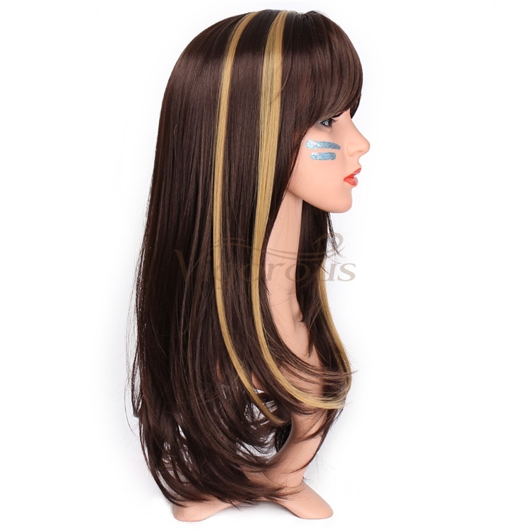 Vigorous Long Silky Straight Dark Brown Highlight Heat Resistant Smooth Synthetic Wig with Inclined Bangs for Women