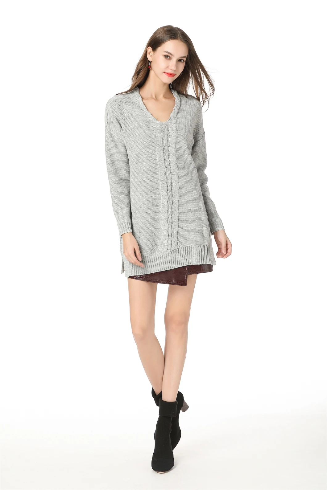 V-Neck Mid-Length Knitwear Over Saiz Pakaian Wanita Pullover Sweater