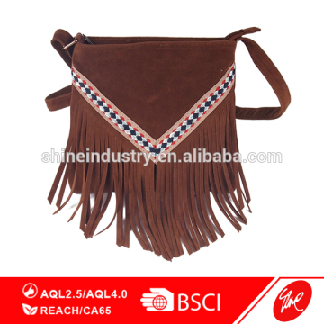 Ethnic Embroidered Suede Fringes Shoulder Bag