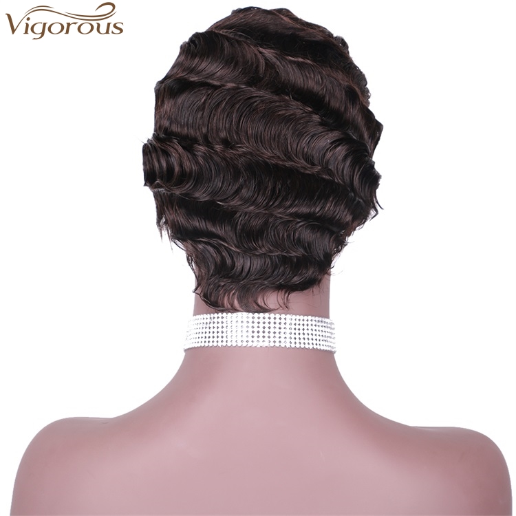 Vigorous 100% Raw Real Human Hair Finger Wave Wig Pixie Cut Black Short Curly Wigs for African American Women