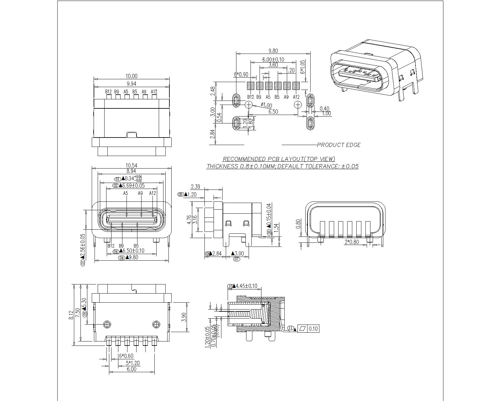 WU3.1FM08-S-E-B-X-X Type-C 6P Female Waterproof L=7.5,With Four Legs WU3.1FM08-S-E-B-X-X Type-C 6P Female Waterproof L=7.5,With Four Legs