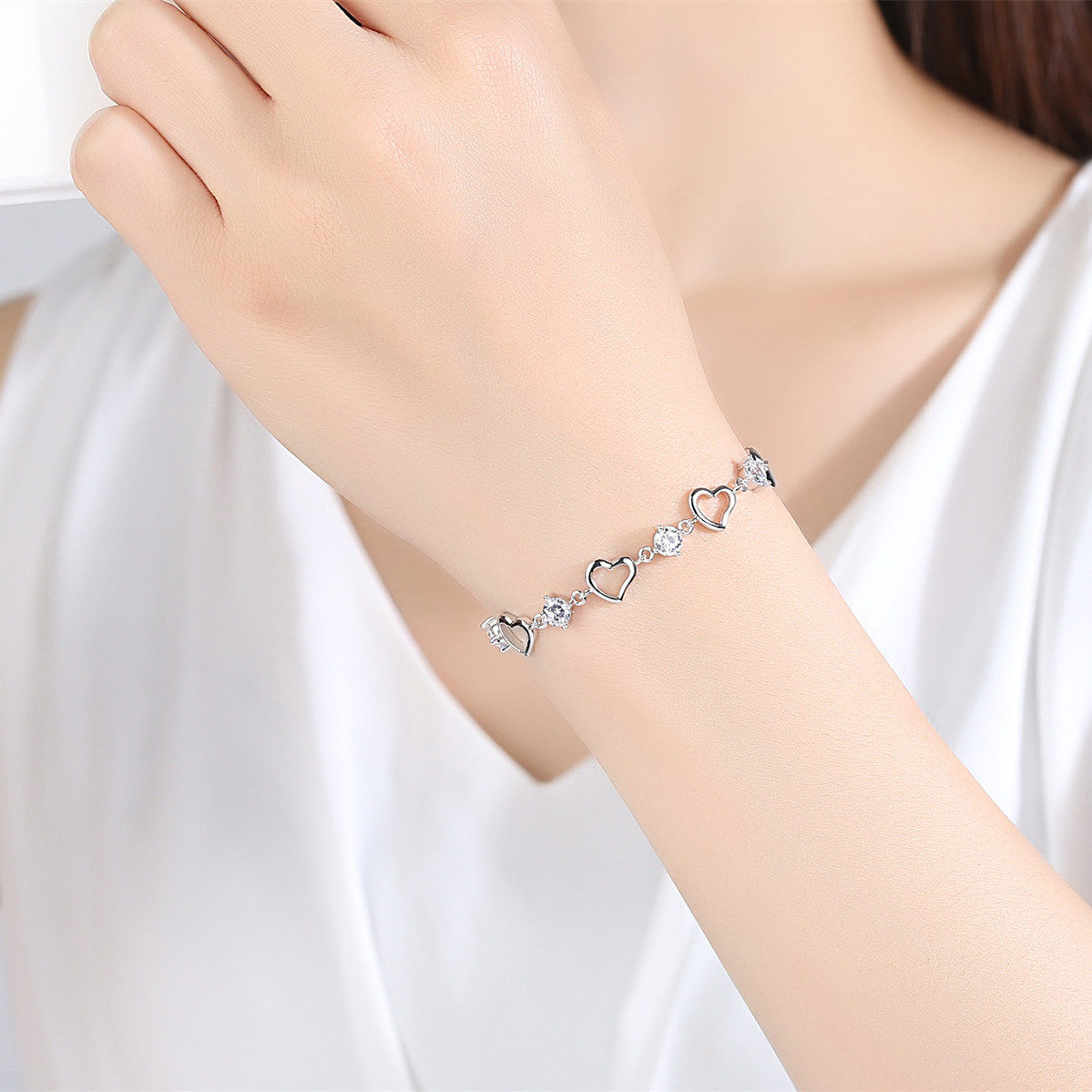 diamond silver bracelets,s925 sterling silver pave with zircon heart shape charm and bracelets jewelry gift for women