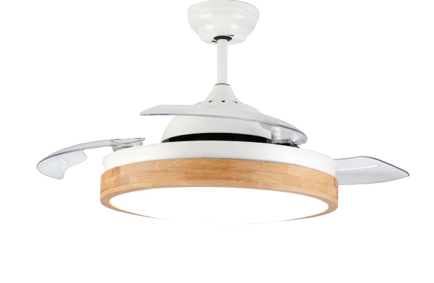 White Modern Retractable Fan Lamp with Wood Lampshade