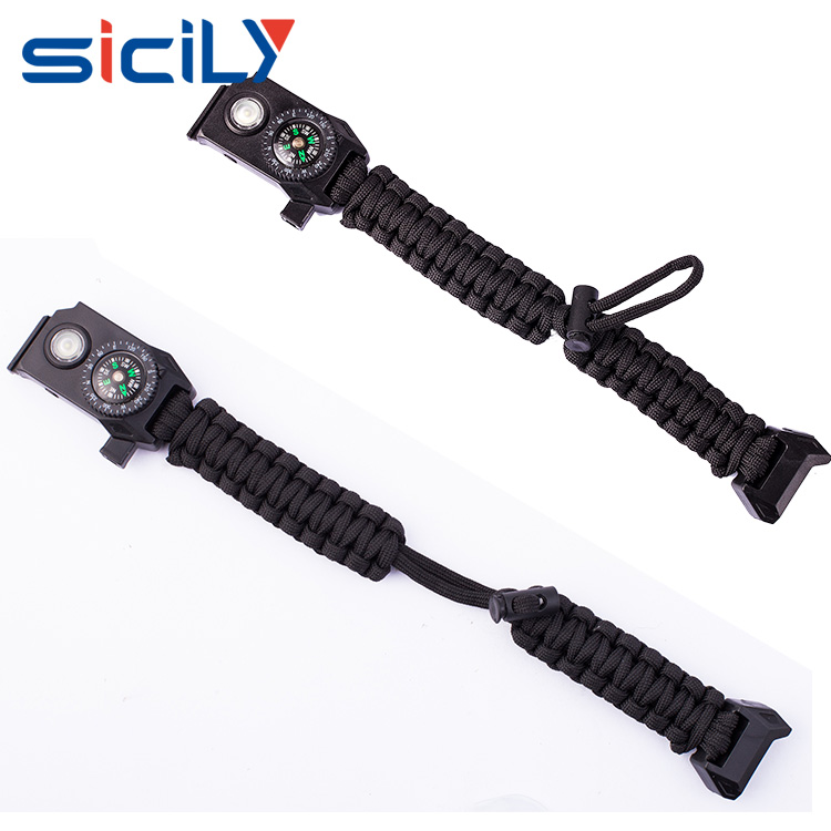 Wholesale woven paracord survival bracelet with fire starter buckle led