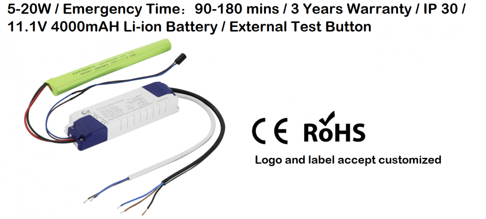 Controlador de emergencia LED de 5-20 W con batería de iones de litio