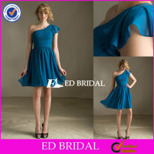 XL169 Elegant One Shoulder Pleat Knee Length Teal Colored Bridesmaid Dresses