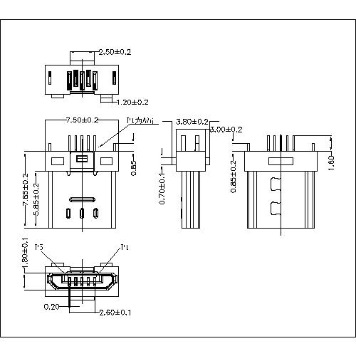 MUMS13 MICRO USB B TYPE PLUG 5P,THROUGH HOLE TYPE Dip=1.6mm