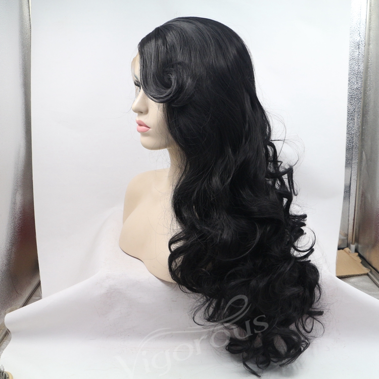 Vigorous mono long premium high quality afro kinky curly wholesale black women synthetic hair wigs with lace front and bang