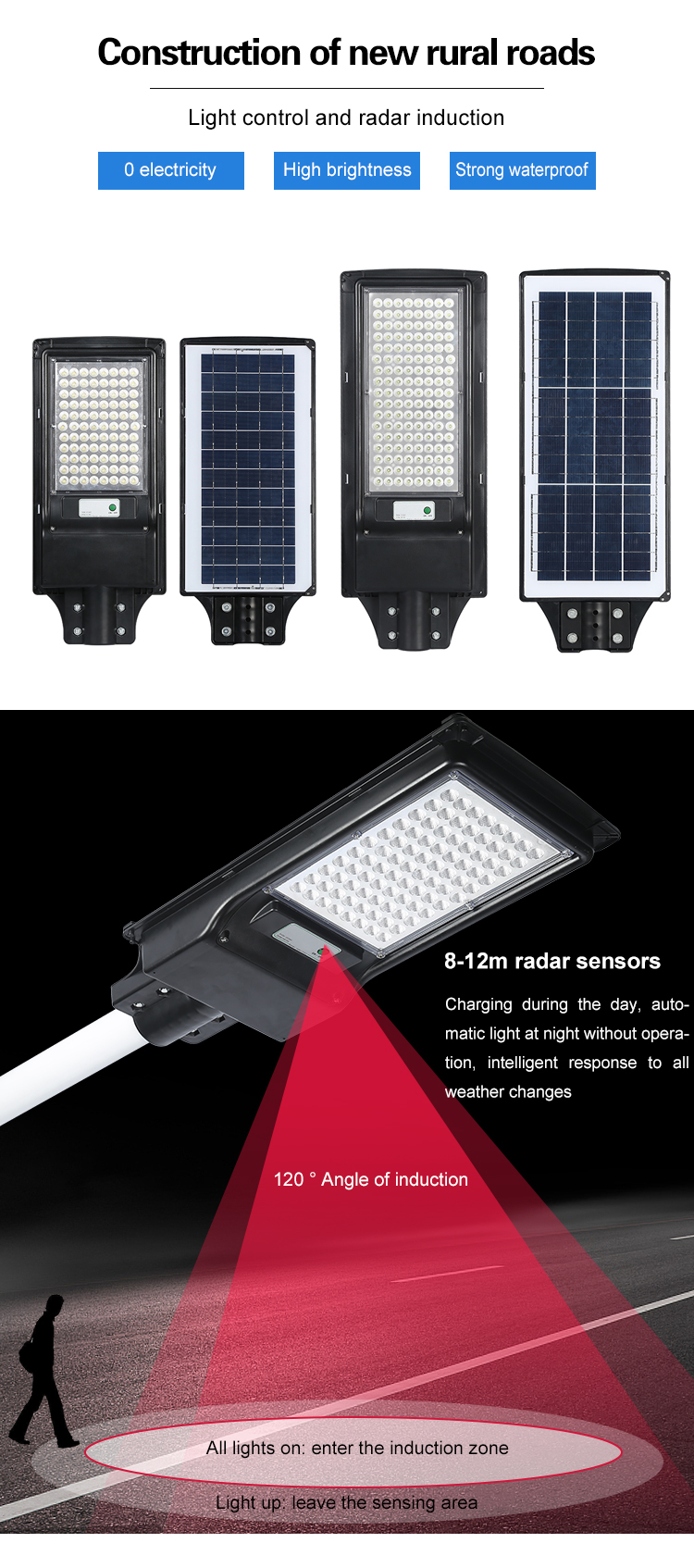 Impermeable al aire libre ip65 smd 80 vatios 120 vatios todo en una farola solar led integrada