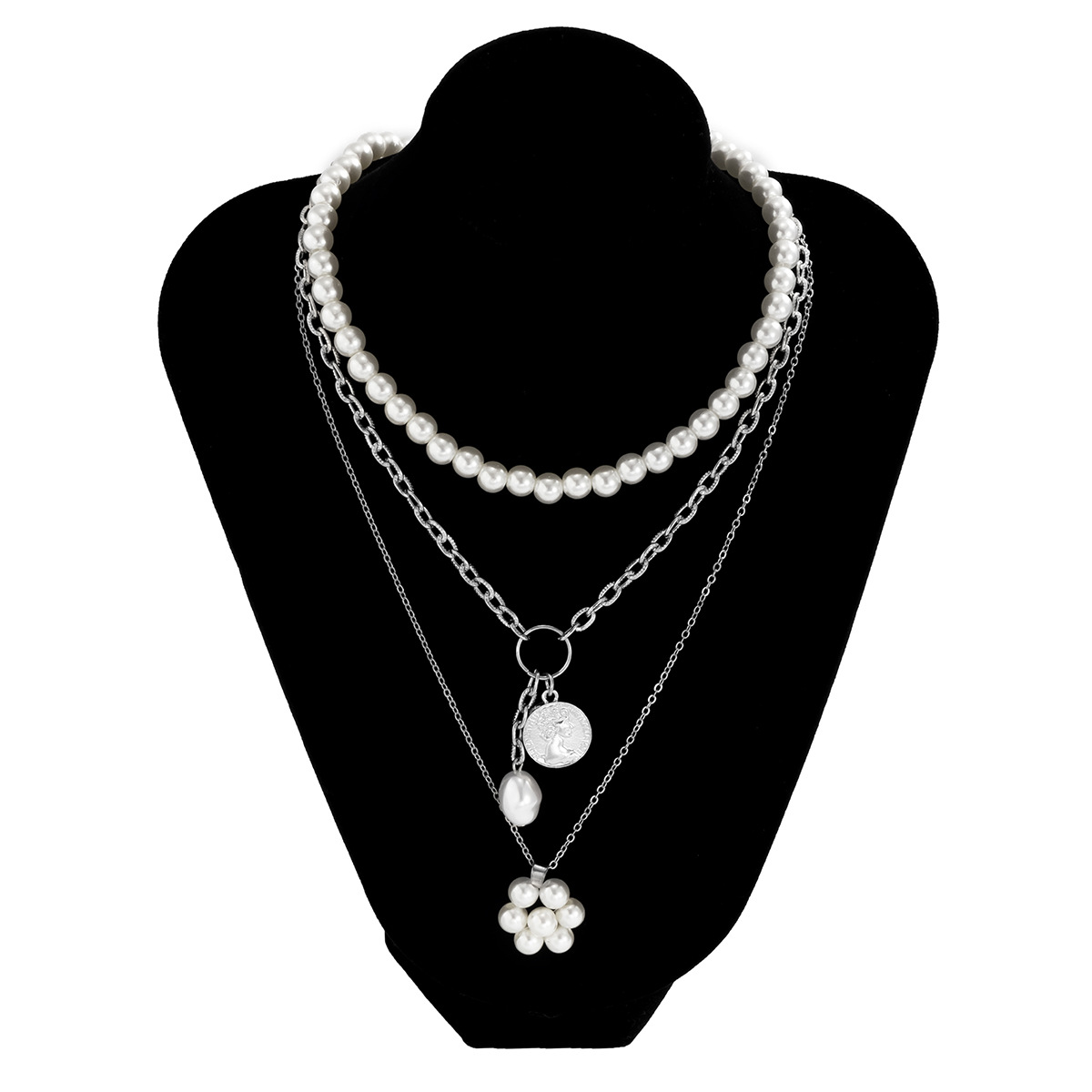 Luxury temperament Pearl flower embossed portrait multi layer necklace retro tassel ladies necklace jewelry set