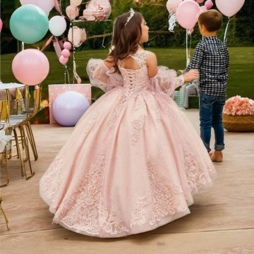 Pink Princess Flower Girl Dresses with Sleeves for Quinceanera, First Communion, and Special Occasions