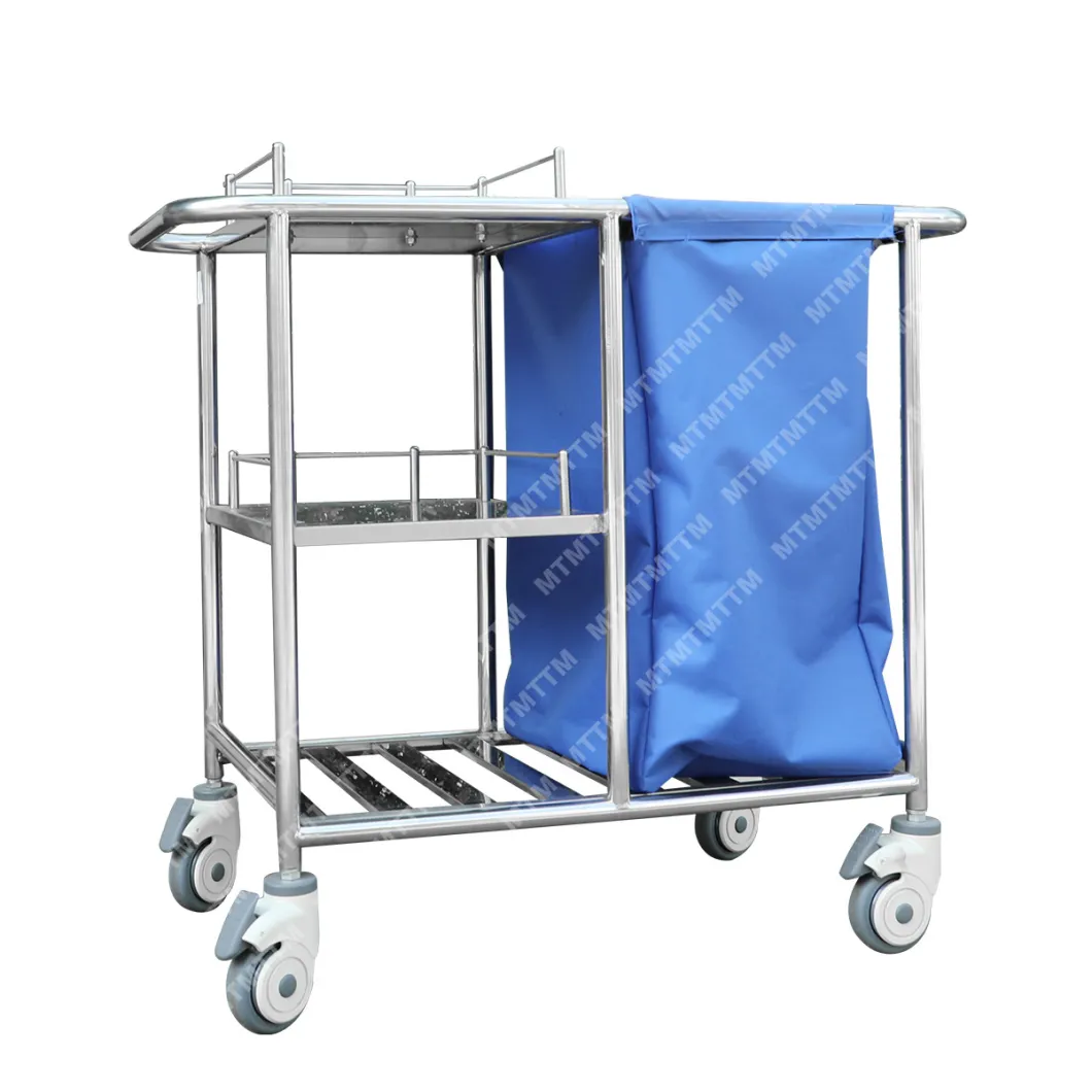 Waterproof Bag Mobile Nursing Cart Patient Room Cleaning Dirty Mobile Stainless Steel Hospital Trolley