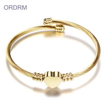 Gold Heart Charm Classic Cable Bangle Bracelet