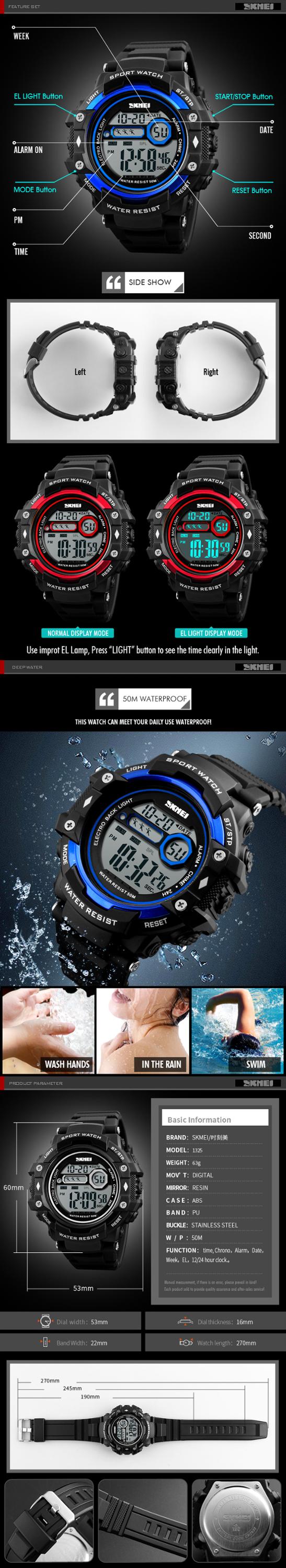 SKMEI 1325 Men's Digital Waterproof Watches Waterproof Running Sport Watch