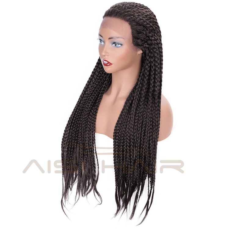 Aisi Hair Heat Resistant Braid Box Lace Front Three Braids Long Wigs Dark Brown Long Lace Front Wigs for Black Women