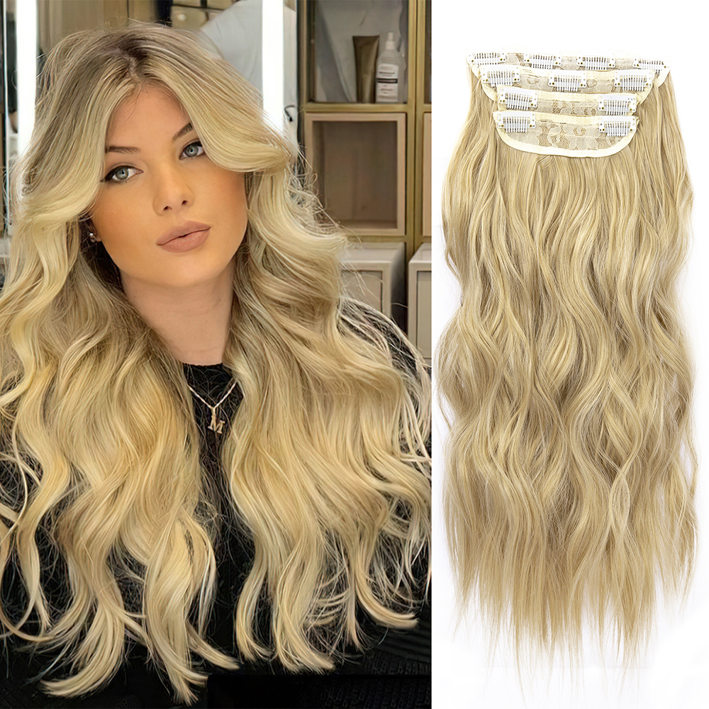 Alileader Clip in Long Wavy Synthetic 20 Inch 4PCS Hairpieces Fiber Thick Double Weft Hair Extension for Women