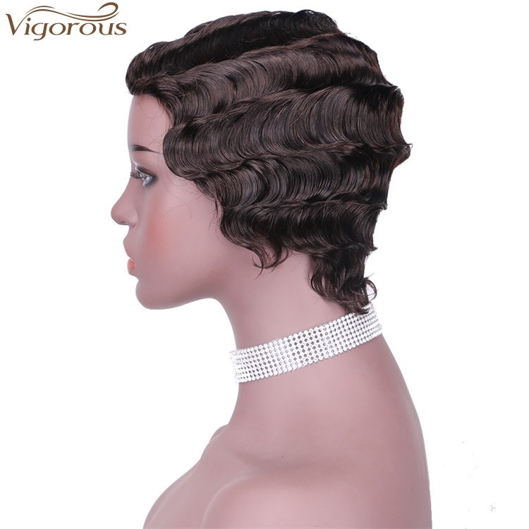 Vigorous 100% Raw Real Human Hair Finger Wave Wig Pixie Cut Black Short Curly Wigs for African American Women